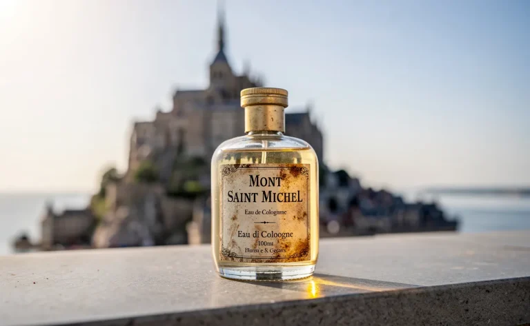 Un flacon d’eau de Cologne Mont Saint Michel repose sur une pierre avec l’abbaye en arrière-plan sous une lumière douce.