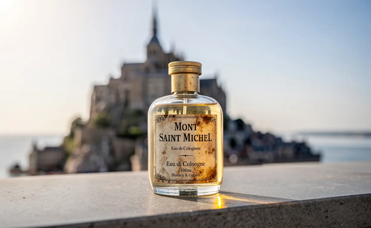 Un flacon d’eau de Cologne Mont Saint Michel repose sur une pierre avec l’abbaye en arrière-plan sous une lumière douce.