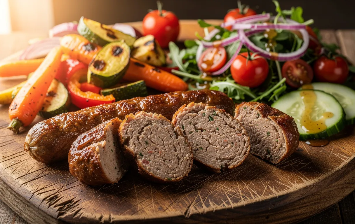 Gros plan sur des fricadelles maison posées sur une planche en bois avec des légumes rôtis et une salade fraîche.