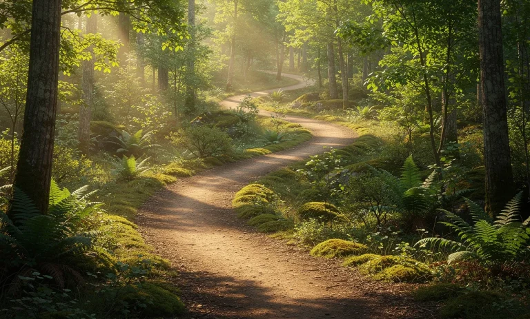 Chemin forestier sinueux en forme de chiffre 5 entouré de verdure sous une lumière matinale douce.