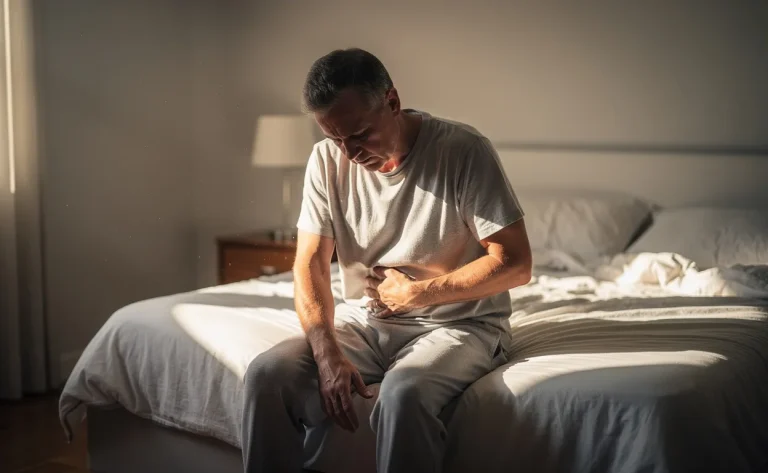 Un homme d'âge mûr assis seul sur le bord d'un lit, la main posée sur le bas-ventre, plongé dans la lumière douce du matin.