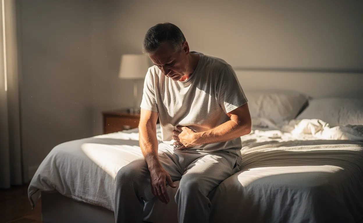 Un homme d'âge mûr assis seul sur le bord d'un lit, la main posée sur le bas-ventre, plongé dans la lumière douce du matin.