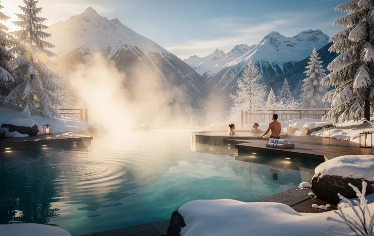 Un spa thermal extérieur entouré de montagnes enneigées avec de la vapeur s’échappant de l’eau chaude et des arbres couverts de givre illuminés par une douce lumière.