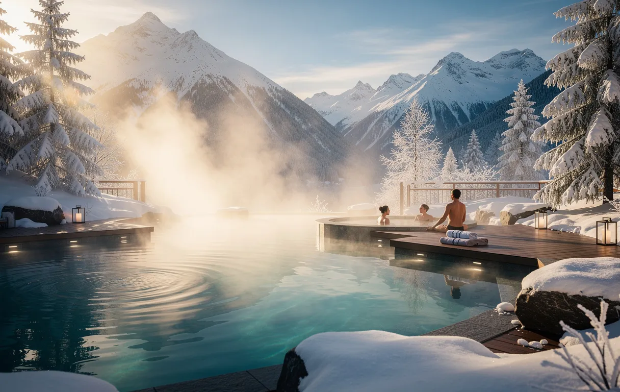 Un spa thermal extérieur entouré de montagnes enneigées avec de la vapeur s’échappant de l’eau chaude et des arbres couverts de givre illuminés par une douce lumière.