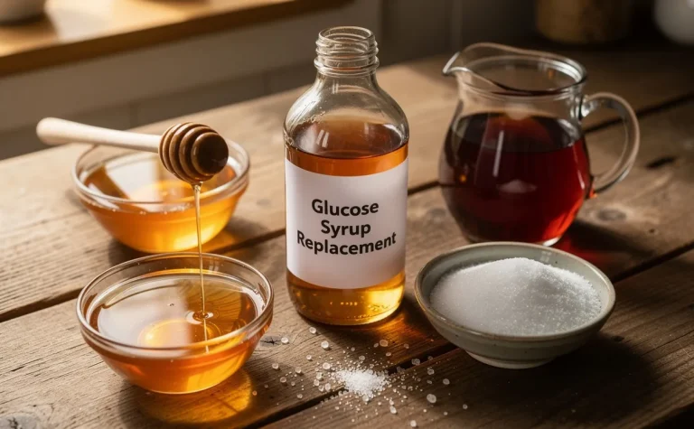 Divers ingrédients sucrés, dont miel, sirop d’agave, sucre et sirop d’érable, entourent une bouteille vide de substitut de sirop de glucose sur un plan de travail rustique.