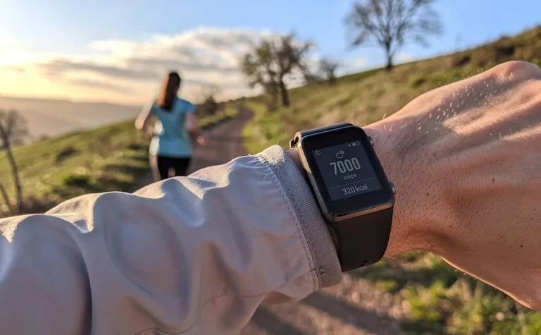 Bracelet connecté affichant 7000 pas et calories brûlées au poignet d’une personne marchant sur un sentier extérieur au coucher du soleil.
