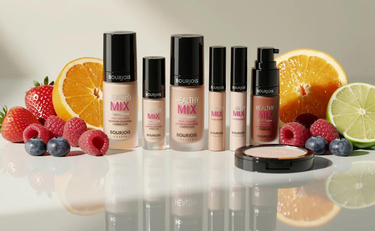 Des produits pour le teint Bourjois Healthy Mix sont disposés sur une surface réfléchissante entourés de baies fraîches et d’agrumes sous une lumière naturelle douce.