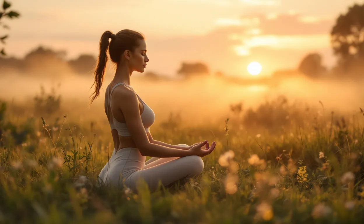 Une personne étire son corps en pleine nature sur une prairie au lever du soleil, entourée de verdure et d’une brume dorée.