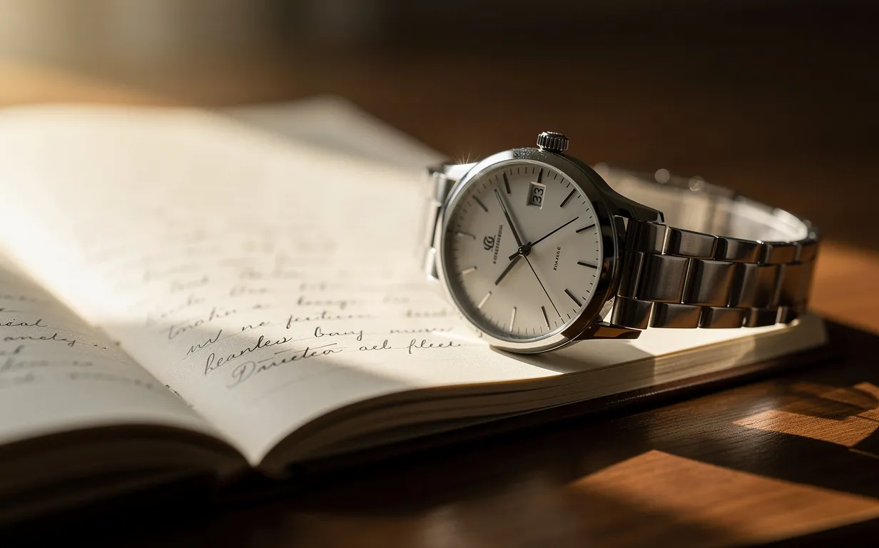Montre-bracelet argentée affichant 13h31 posée sur un carnet ouvert, éclairée par un rayon de soleil doux de l'après-midi.