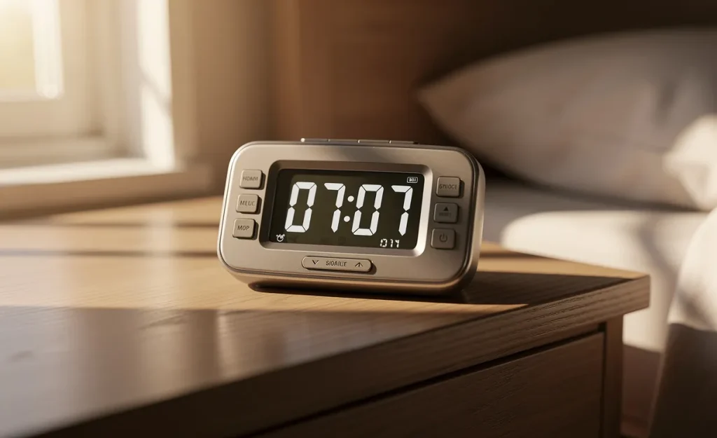 Un réveil numérique affiche 07:07 sur une table de chevet, baignée par une lumière dorée du matin filtrant à travers une fenêtre voisine.