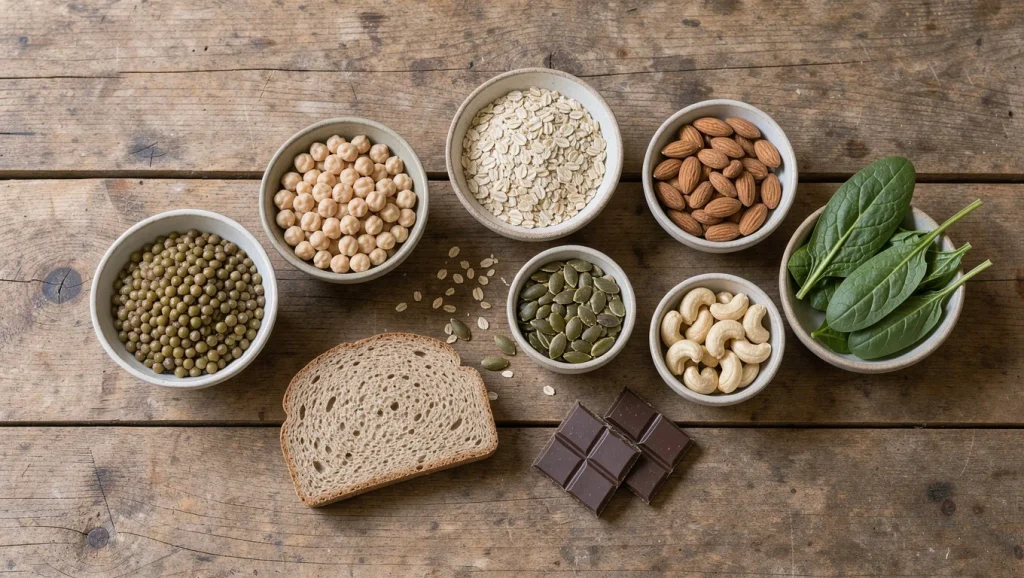 Bols de lentilles, pois chiches, flocons d'avoine, graines de courge, amandes et noix de cajou, pain complet, chocolat noir et épinards sur une table en bois